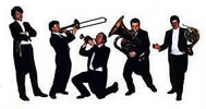 The five performers of Chaconne Brass with their instruments and a white background
