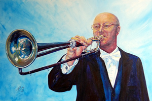 Crispian Steele-Perkins playing trumpet with blue background