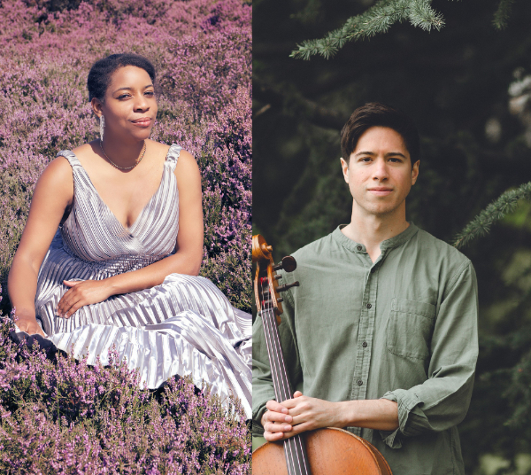 Beatrice Nicholas sitting in heather & Garwyn Linnell standing with cello in front of pine tree