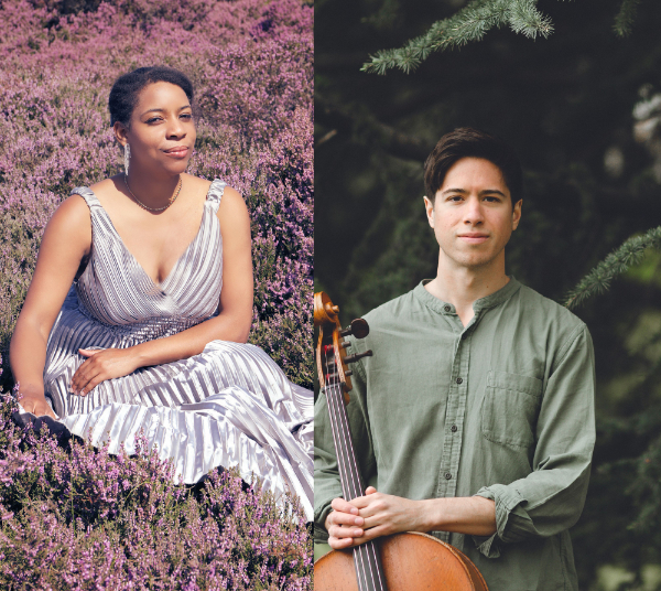 Beatrice Nicholas sitting in heather & Garwyn Linnel standing with cello in front of pine tree